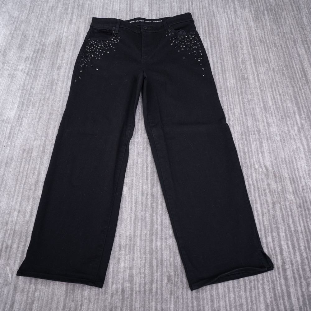 Chicos Perfect Stretch Girlfriend Straight Leg Ankle Jeans Black Studded 1.5 L - Picture 1 of 11